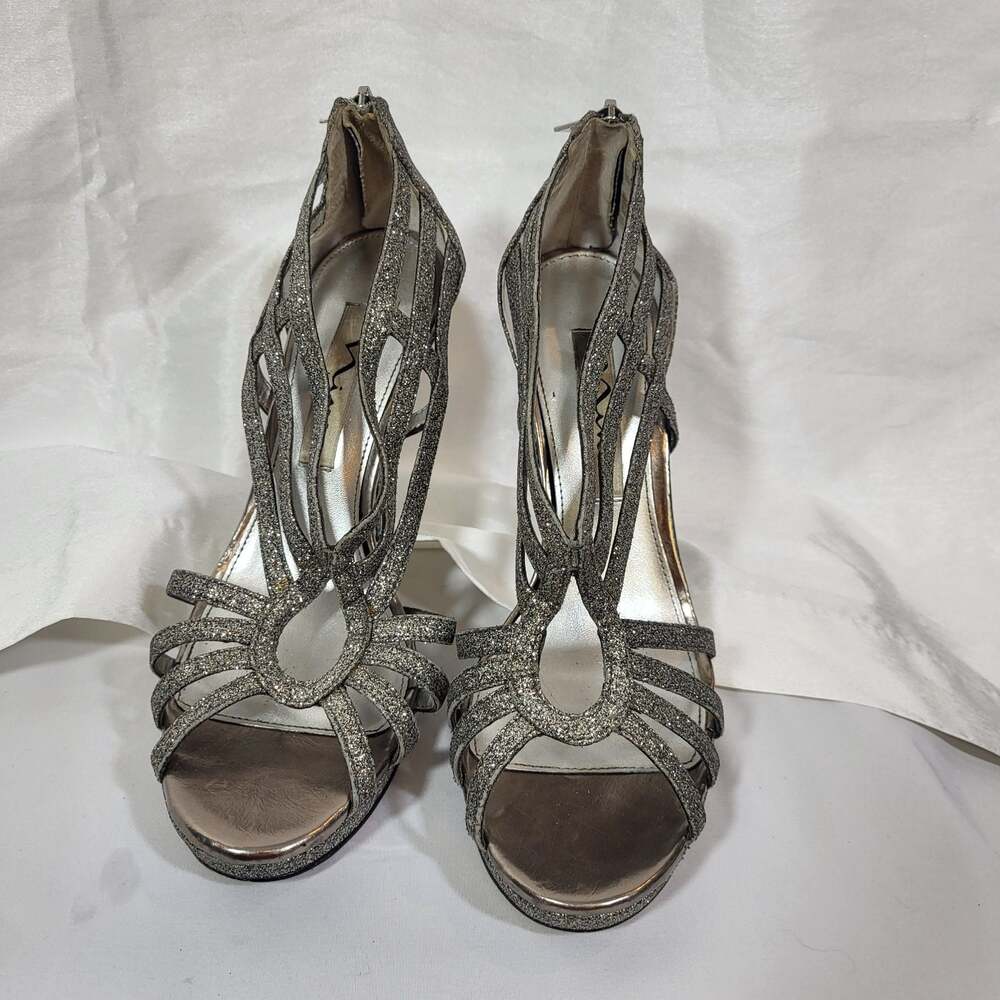 Nina New York Vinnie Silver Glitter Strappy Platform Sandals Size 7M